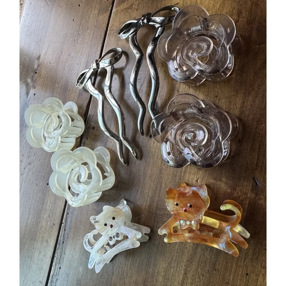 12pc Hair Clip Bundle Rose Enamel Claw Clip Cat Bow Stick Pin Coquette Kawaii